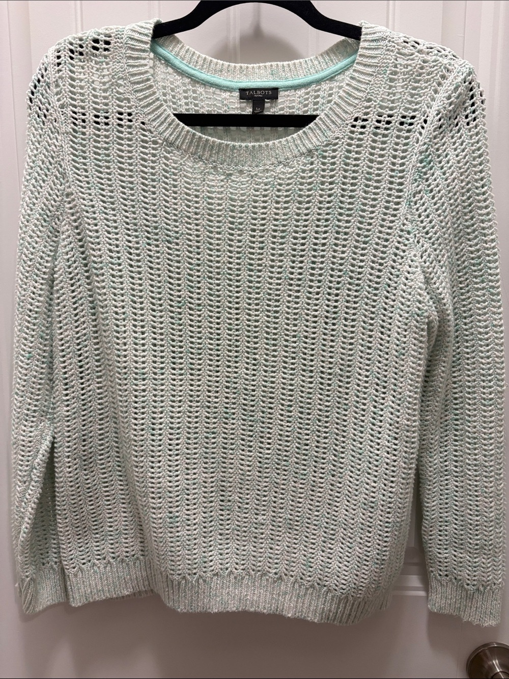 Talbots Petites LP Mint Open Knit Cotton Pullover Sweater